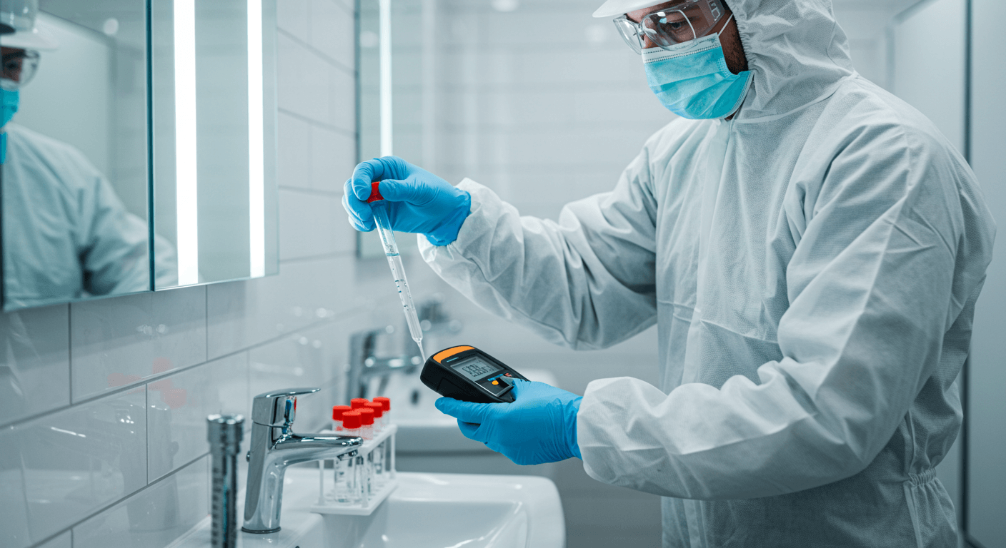 Técnico a realizar colheita de água para análise de Legionella