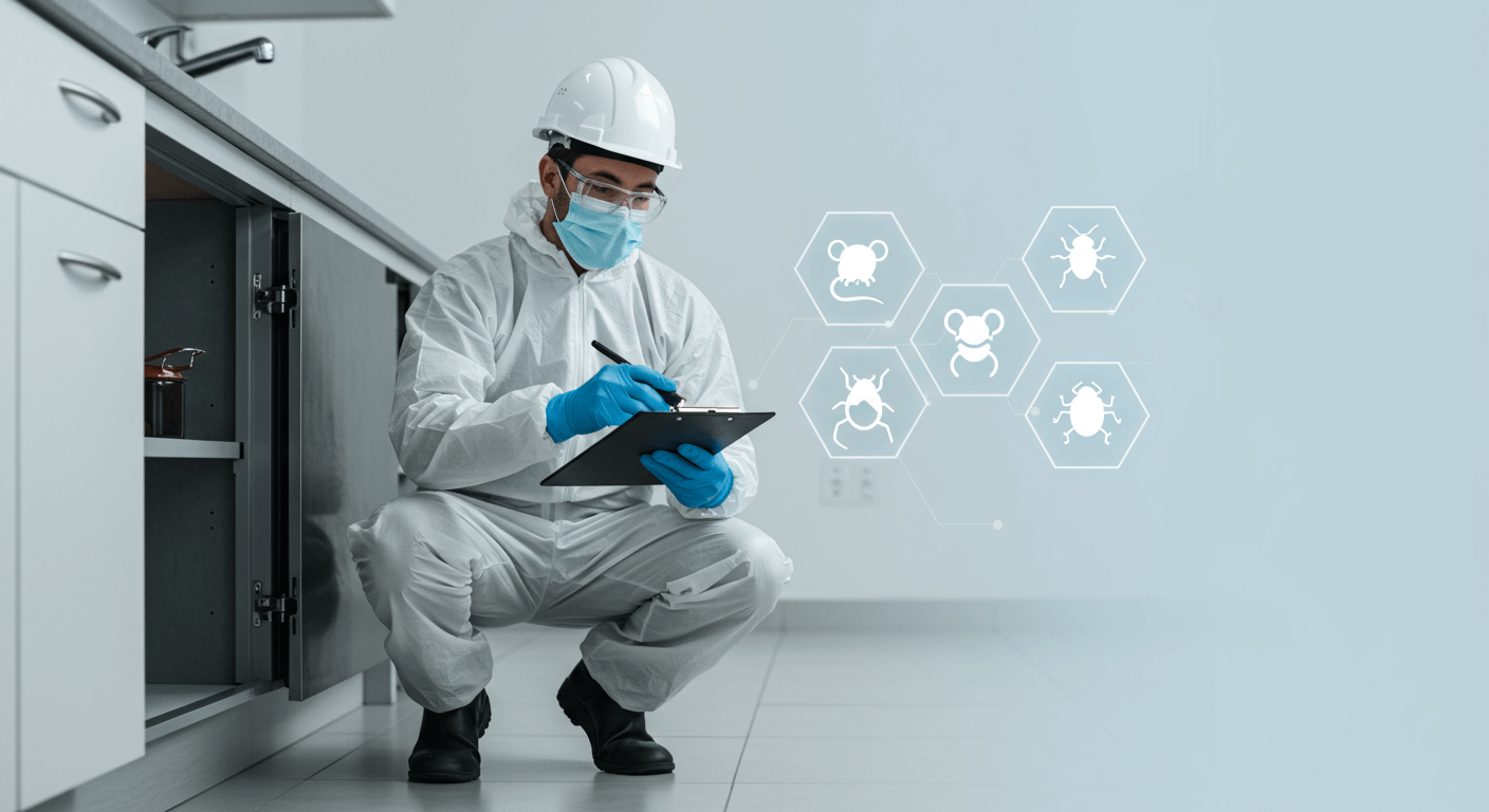 Técnico especializado em controlo de pragas a realizar inspeção