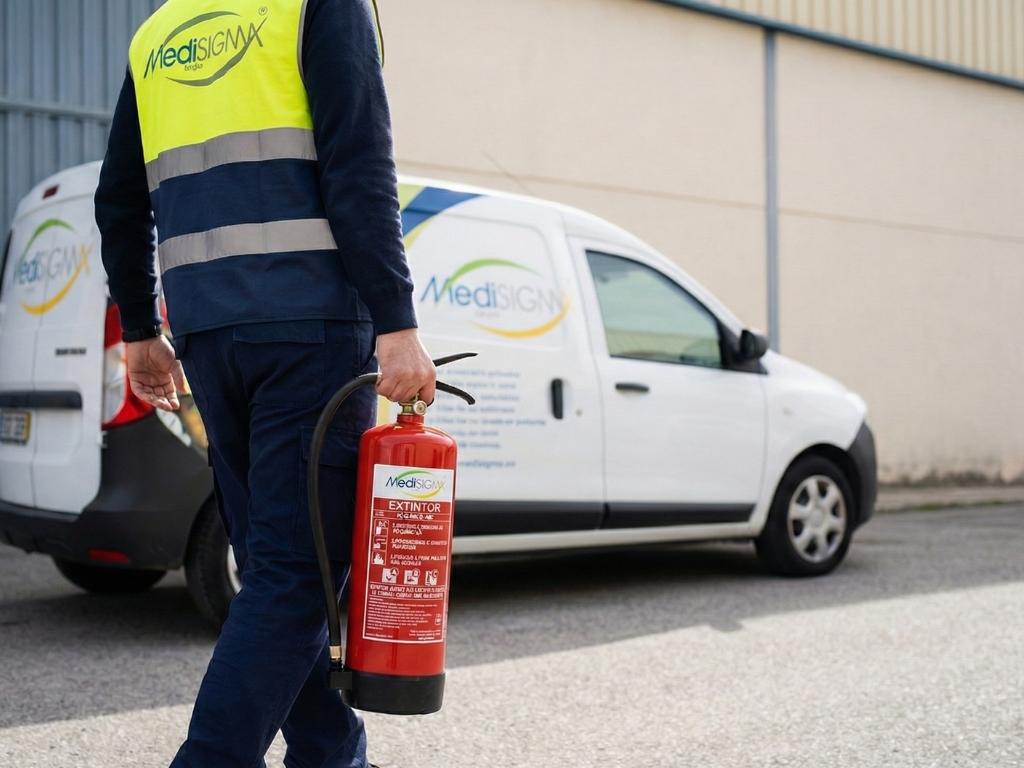 Técnico a realizar manutenção de extintor